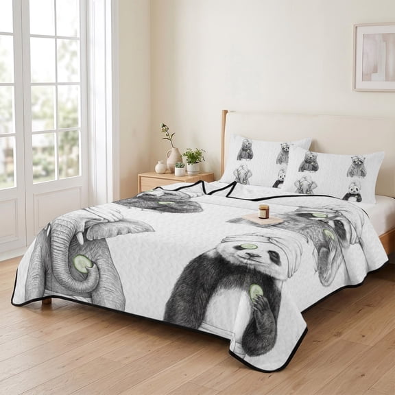 king Quilt Bedding Set, Funny Animal SPA Sketch Art Lightweight Coverlet Summer Comforter Set Soft Microfiber Bedspread, Bear Panda Elephant Raccoon 3 Piece Quilt Set with 2 Pillow Shams