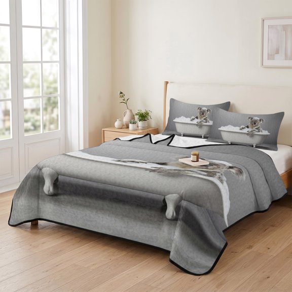 king Quilt Bedding Set, Funny Koala Bathtub Lightweight Coverlet Summer Comforter Set Soft Microfiber Bedspread, Gray Animal Art 3 Piece Quilt Set with 2 Pillow Shams All Seasons Use
