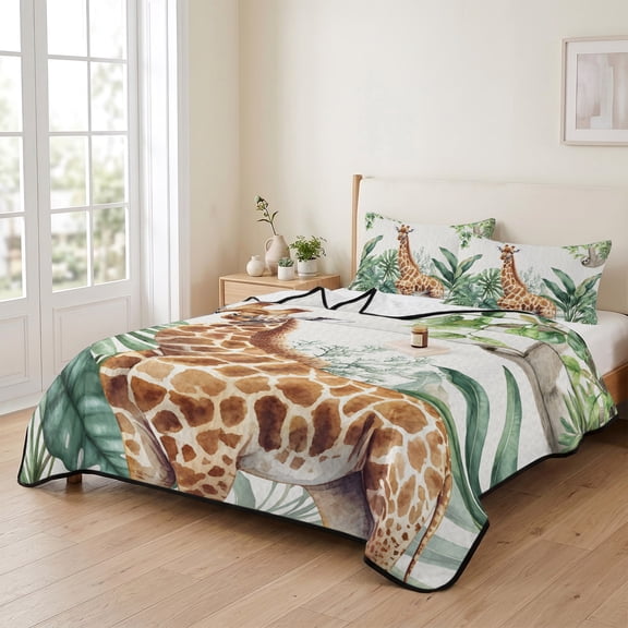 king Quilt Bedding Set, Giraffe Sloth Tropical Animal Lightweight Coverlet Summer Comforter Set Soft Microfiber Bedspread, Green Turtle Leaf Plant 3 Piece Quilt Set with 2 Pillow Shams