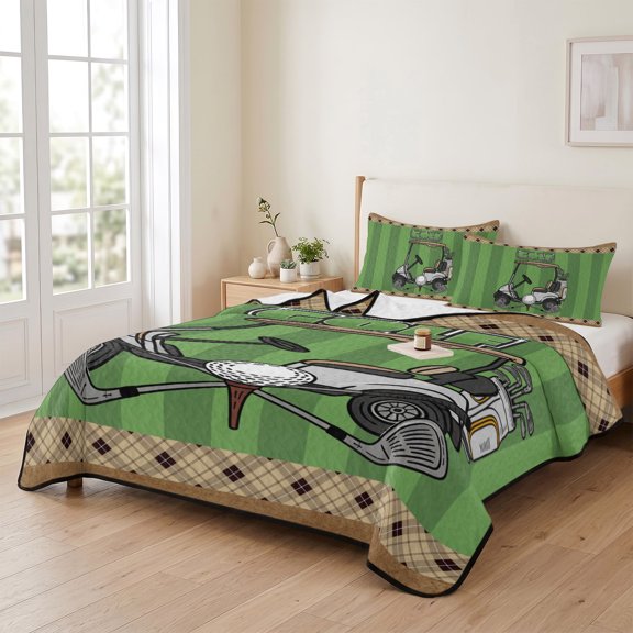 king Quilt Bedding Set, Golf Car Balls Clubs Lightweight Coverlet Summer Comforter Set Soft Microfiber Bedspread, Classic Sports 3 Piece Quilt Set with 2 Pillow Shams All Seasons Use