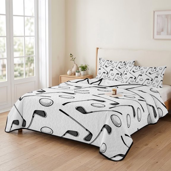 king Quilt Bedding Set, Golf Club Ball Seamless Pattern Lightweight Coverlet Summer Comforter Set Soft Microfiber Bedspread, Modern Minimalist Art 3 Piece Quilt Set with 2 Pillow Shams
