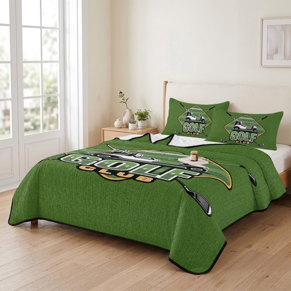 king Quilt Bedding Set, Golf Club Sports Lightweight Coverlet Summer Comforter Set Soft Microfiber Bedspread, Green 3 Piece Quilt Set with 2 Pillow Shams All Seasons Use