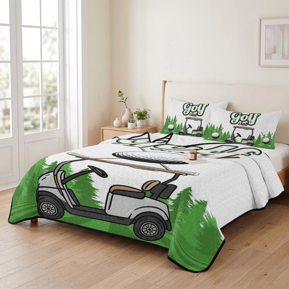 king Quilt Bedding Set, Golf Club Words Car Lightweight Coverlet Summer Comforter Set Soft Microfiber Bedspread, Cartoon Forest 3 Piece Quilt Set with 2 Pillow Shams All Seasons Use