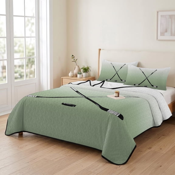 king Quilt Bedding Set, Golf Clubs Outdoor Sports Lightweight Coverlet Summer Comforter Set Soft Microfiber Bedspread, Sage Green Gradient 3 Piece Quilt Set with 2 Pillow Shams All Seasons Use
