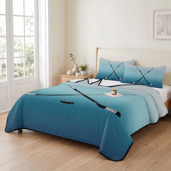 king Quilt Bedding Set, Golf Clubs Sport Lightweight Coverlet Summer Comforter Set Soft Microfiber Bedspread, Watercolor Blue Gradient 3 Piece Quilt Set with 2 Pillow Shams All Seasons Use