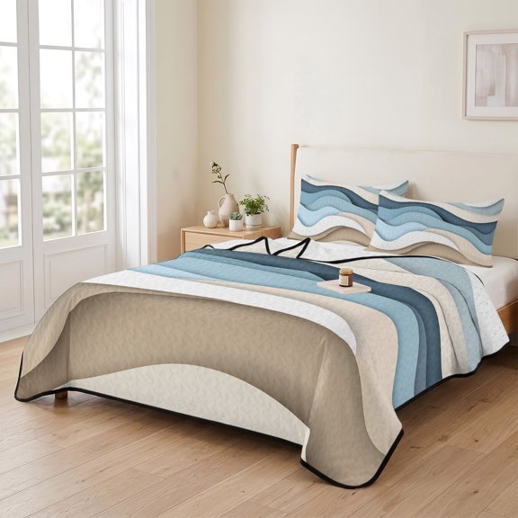 king Quilt Bedding Set, Gradient Abstract Blue Brown Ocean Waves Lightweight Coverlet Summer Comforter Set Soft Microfiber Bedspread, Seaside Sand 3 Piece Quilt Set with 2 Pillow Shams