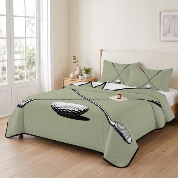 king Quilt Bedding Set, Gradient Sage Green Lightweight Coverlet Summer Comforter Set Soft Microfiber Bedspread, Cartoon Golf Ball Club 3 Piece Quilt Set with 2 Pillow Shams All Seasons Use