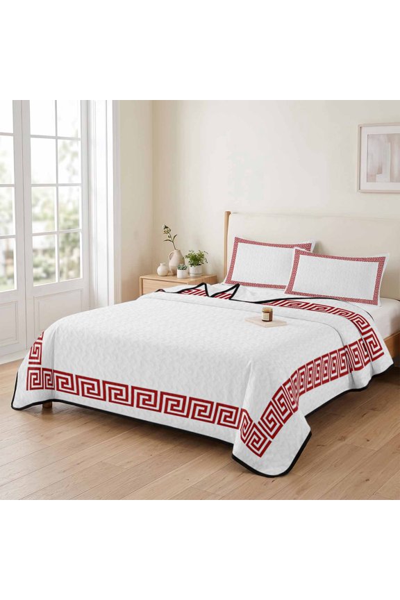 king Quilt Bedding Set, Greece Abstract Inspired Key Pattern Lightweight Coverlet Summer Comforter Set Soft Microfiber Bedspread, Red Twist Lines on White 3 Piece Quilt Set with 2 Pillow Shams