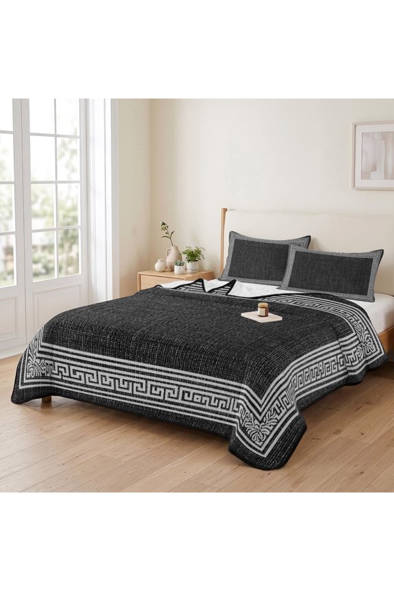 king Quilt Bedding Set, Greece Key Design Black White Lightweight Coverlet Summer Comforter Set Soft Microfiber Bedspread, Vintage Burlap Linen 3 Piece Quilt Set with 2 Pillow Shams All Seasons Use