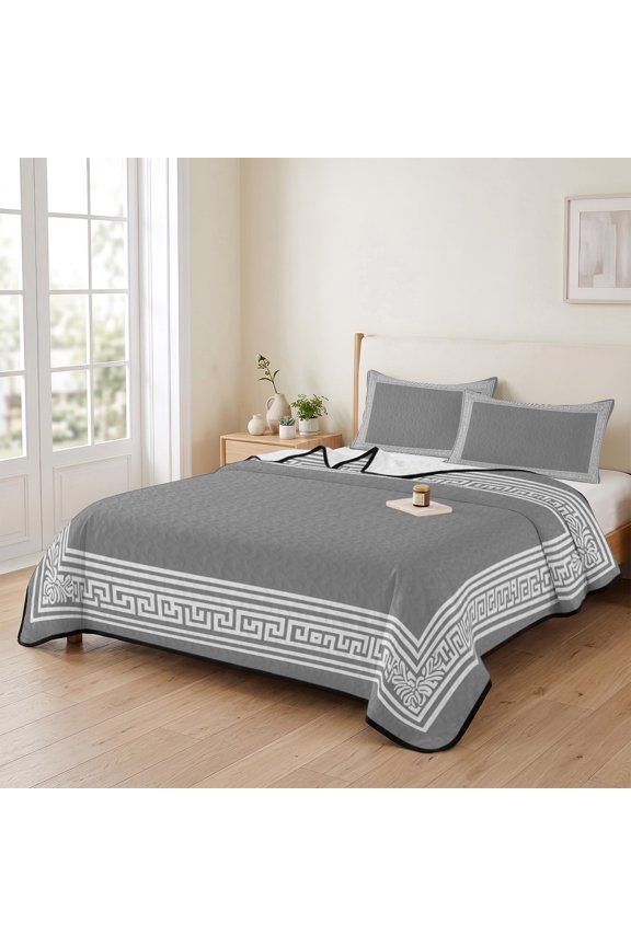 king Quilt Bedding Set, Greece Key Stripe Design on Grey Lightweight Coverlet Summer Comforter Set Soft Microfiber Bedspread, Abstract Geometric Texture 3 Piece Quilt Set with 2 Pillow Shams