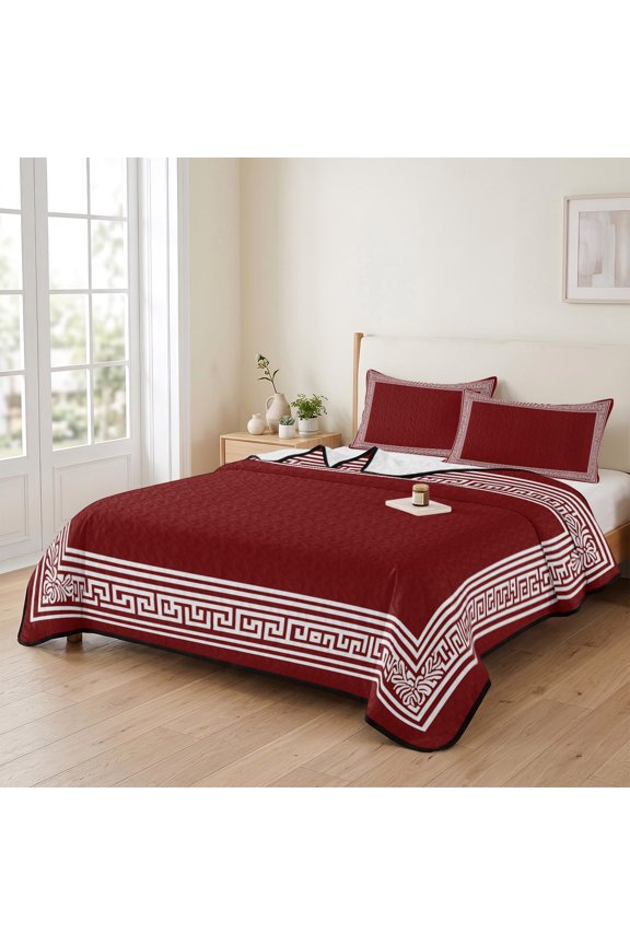 king Quilt Bedding Set, Greek Abstract Inspired Key Pattern Lightweight Coverlet Summer Comforter Set Soft Microfiber Bedspread, Geometric Twist Line on Red 3 Piece Quilt Set with 2 Pillow Shams