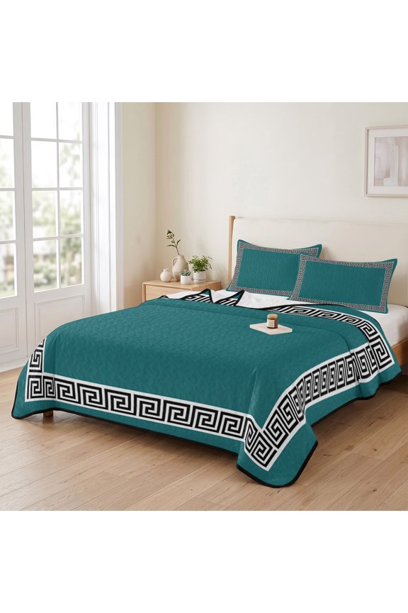 king Quilt Bedding Set, Greek Abstract Inspired Key Pattern Lightweight Coverlet Summer Comforter Set Soft Microfiber Bedspread, Twist Line on Teal 3 Piece Quilt Set with 2 Pillow Shams