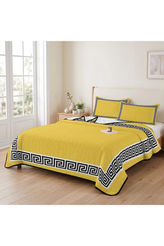 king Quilt Bedding Set, Greek Ethnic Key Texture Lightweight Coverlet Summer Comforter Set Soft Microfiber Bedspread, Twist Stripe Line on Yellow 3 Piece Quilt Set with 2 Pillow Shams All Seasons Use