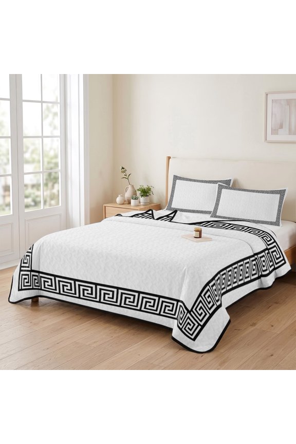 king Quilt Bedding Set, Greek Meander Border Inspired Key Lightweight Coverlet Summer Comforter Set Soft Microfiber Bedspread, Abstract Twist Stripe on White 3 Piece Quilt Set with 2 Pillow Shams