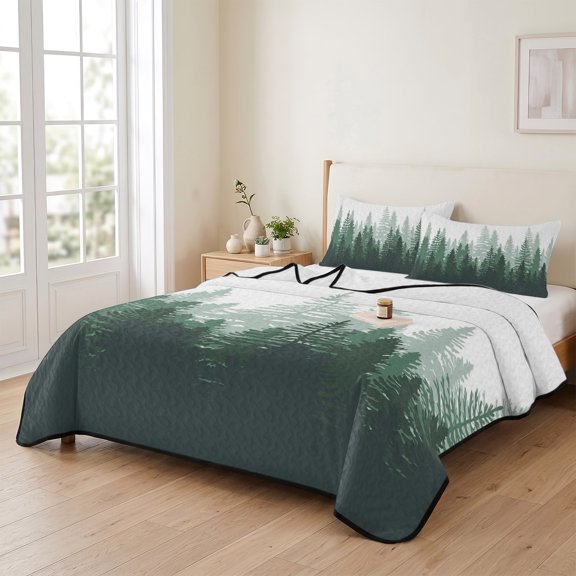 king Quilt Bedding Set, Green Gradient Tree Shadow Lightweight Coverlet Summer Comforter Set Soft Microfiber Bedspread, Abstract Art Forest on White 3 Piece Quilt Set with 2 Pillow Shams