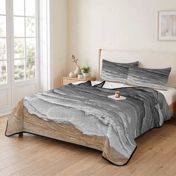 king Quilt Bedding Set, Grey Gradient Coastal Ocean Waves Lightweight Coverlet Summer Comforter Set Soft Microfiber Bedspread, Abstract Oil Painting Style 3 Piece Quilt Set with 2 Pillow Shams