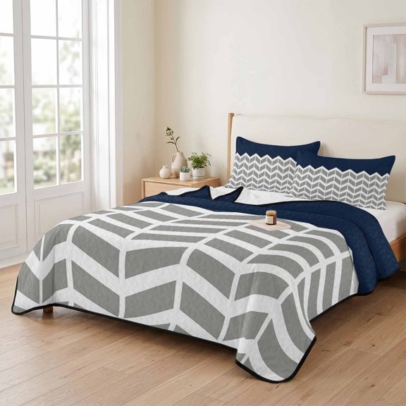 king Quilt Bedding Set, Grey Stripes Chevron Navy Lightweight Coverlet Summer Comforter Set Soft Microfiber Bedspread, Zigzag Ripple Abstract Geometric 3 Piece Quilt Set with 2 Pillow Shams