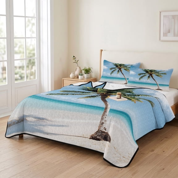 king Quilt Bedding Set, Hawaii Beach Sand Blue Sky Coconut Tree Lightweight Coverlet Summer Comforter Set Soft Microfiber Bedspread, Nature Landscape 3 Piece Quilt Set with 2 Pillow Shams