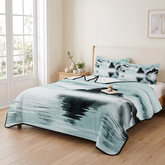 king Quilt Bedding Set, Ink Painting Mountains Lake Surface Lightweight Coverlet Summer Comforter Set Soft Microfiber Bedspread, Chinese Style 3 Piece Quilt Set with 2 Pillow Shams All Seasons Use