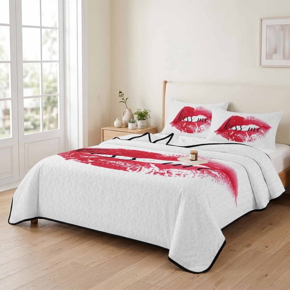 king Quilt Bedding Set, Kiss Me Words Red Lips Lightweight Coverlet Summer Comforter Set Soft Microfiber Bedspread, Abstract Vintage Lip Print 3 Piece Quilt Set with 2 Pillow Shams All Seasons Use