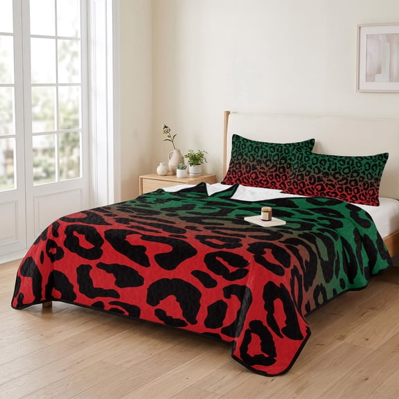 king Quilt Bedding Set, Leopard Print Animal Print Texture Art Lightweight Coverlet Summer Comforter Set Soft Microfiber Bedspread, Red Green Gradient Back 3 Piece Quilt Set with 2 Pillow Shams
