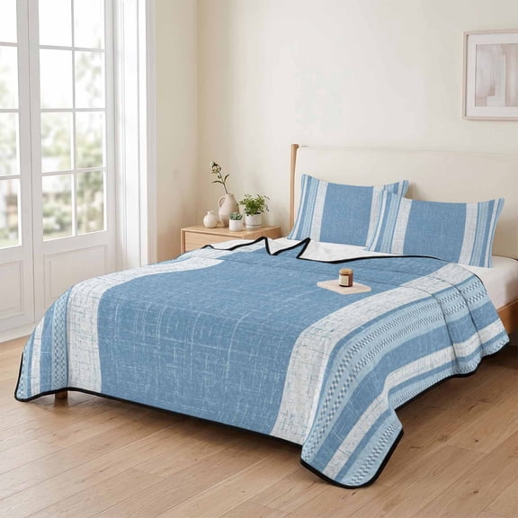 king Quilt Bedding Set, Light Blue Stripes Burlap Texture Lightweight Coverlet Summer Comforter Set Soft Microfiber Bedspread, Rustic Geometric Line Art 3 Piece Quilt Set with 2 Pillow Shams