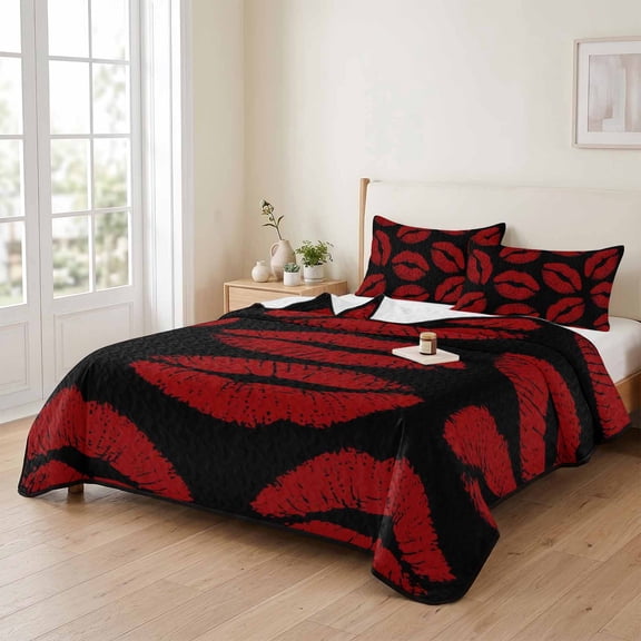 king Quilt Bedding Set, Lipprint Kisses Red and Black Lightweight Coverlet Summer Comforter Set Soft Microfiber Bedspread, Valentine's Day Lips Texture 3 Piece Quilt Set with 2 Pillow Shams