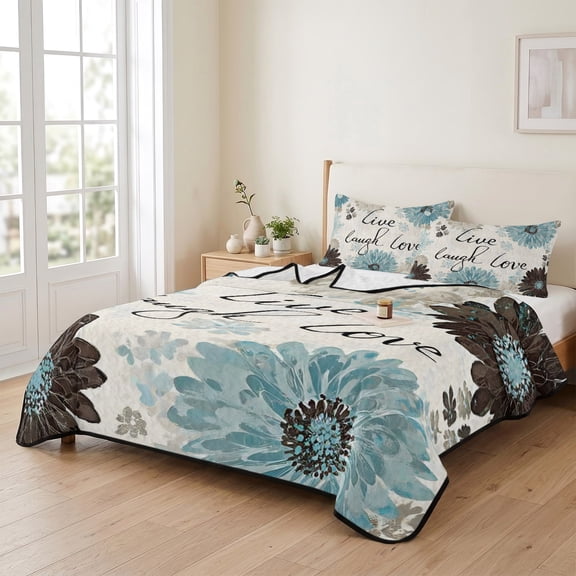 king Quilt Bedding Set, Live Love Laugh Words Lightweight Coverlet Summer Comforter Set Soft Microfiber Bedspread, Country Blue Brown Floral 3 Piece Quilt Set with 2 Pillow Shams All Seasons Use