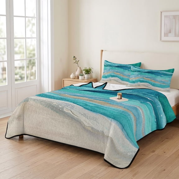 king Quilt Bedding Set, Marine Coastal Wave Turquoise Ombre Lightweight Coverlet Summer Comforter Set Soft Microfiber Bedspread, Abstract Ocean Sea Shore 3 Piece Quilt Set with 2 Pillow Shams
