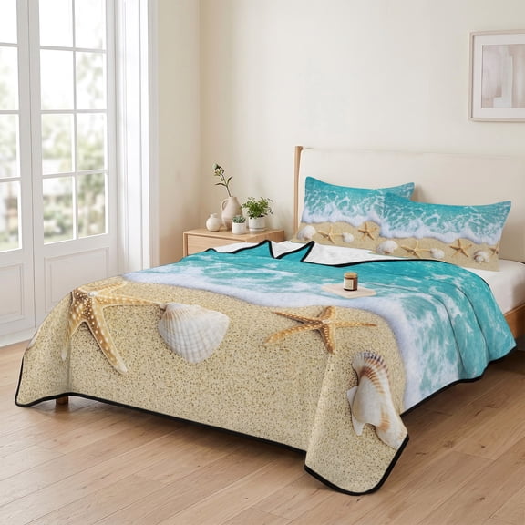 king Quilt Bedding Set, Marine Life Starfish Shell Sand Beach Lightweight Coverlet Summer Comforter Set Soft Microfiber Bedspread, Ocean Foamy Sea Wave 3 Piece Quilt Set with 2 Pillow Shams