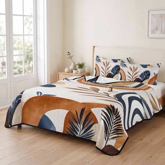 king Quilt Bedding Set, Mid Century Abstract Geometric Lightweight Coverlet Summer Comforter Set Soft Microfiber Bedspread, Boho Leaves Nordic Arch Sun 3 Piece Quilt Set with 2 Pillow Shams