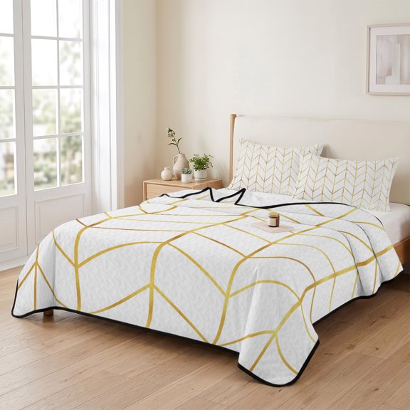 king Quilt Bedding Set, Minimalist Yellow Herringbone Arrow Lightweight Coverlet Summer Comforter Set Soft Microfiber Bedspread, Abstract Geometric Line 3 Piece Quilt Set with 2 Pillow Shams