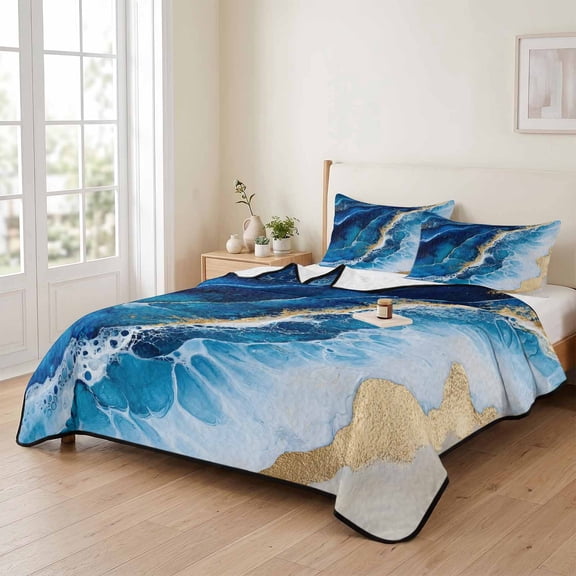 king Quilt Bedding Set, Modern Abstract Beach Sand Wave Lightweight Coverlet Summer Comforter Set Soft Microfiber Bedspread, Gold Blue Marble Texture 3 Piece Quilt Set with 2 Pillow Shams