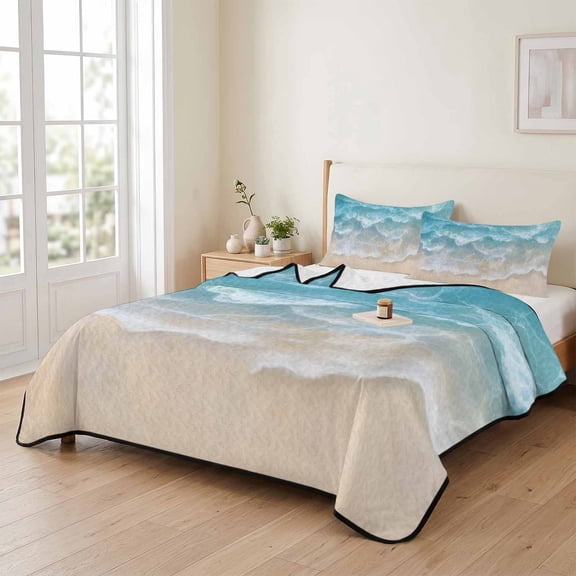 king Quilt Bedding Set, Modern Coastal Waves Lightweight Coverlet Summer Comforter Set Soft Microfiber Bedspread, Watercolor Seaside Landscape 3 Piece Quilt Set with 2 Pillow Shams All Seasons Use
