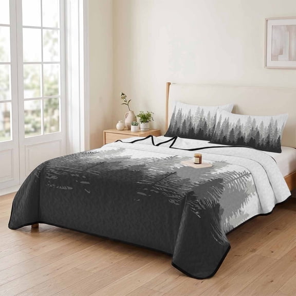king Quilt Bedding Set, Modern Forest Trees Shadow Scene Lightweight Coverlet Summer Comforter Set Soft Microfiber Bedspread, Gradient Black Grey White 3 Piece Quilt Set with 2 Pillow Shams