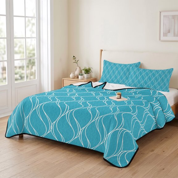 king Quilt Bedding Set, Modern Geometric Wave Stripes Blue Lightweight Coverlet Summer Comforter Set Soft Microfiber Bedspread, Abstract Line Art 3 Piece Quilt Set with 2 Pillow Shams All Seasons Use