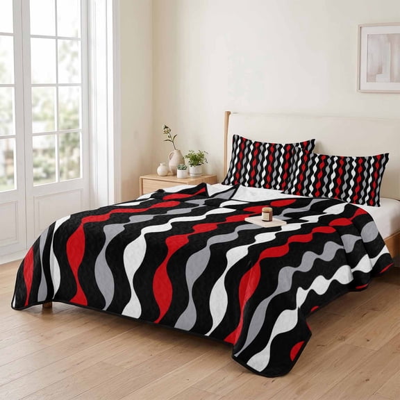 king Quilt Bedding Set, Modern Geometric Wave Stripes Lightweight Coverlet Summer Comforter Set Soft Microfiber Bedspread, Red Gray Black Lines 3 Piece Quilt Set with 2 Pillow Shams All Seasons Use