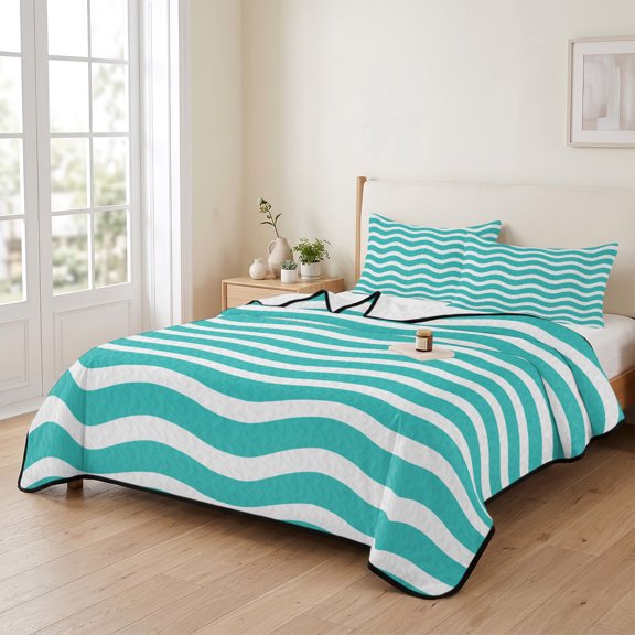 king Quilt Bedding Set, Modern Minimalist Wave Stripe Art Lightweight Coverlet Summer Comforter Set Soft Microfiber Bedspread, Ocean Teal Water Ripple 3 Piece Quilt Set with 2 Pillow Shams
