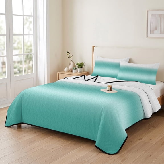 king Quilt Bedding Set, Modern Turquoise Gradient Lightweight Coverlet Summer Comforter Set Soft Microfiber Bedspread, Minimalist Ombre Theme 3 Piece Quilt Set with 2 Pillow Shams All Seasons Use
