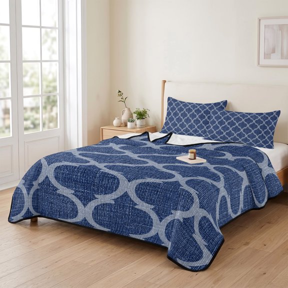 king Quilt Bedding Set, Moroccan Blue Geometric Pattern Lightweight Coverlet Summer Comforter Set Soft Microfiber Bedspread, Country Linen Texture 3 Piece Quilt Set with 2 Pillow Shams