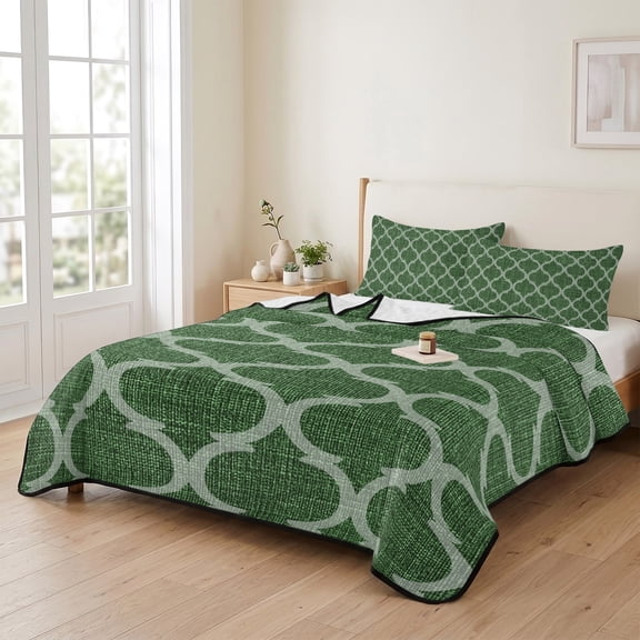 king Quilt Bedding Set, Moroccan Dark Green Geometric Lightweight Coverlet Summer Comforter Set Soft Microfiber Bedspread, Medieval Ethnic Pattern 3 Piece Quilt Set with 2 Pillow Shams