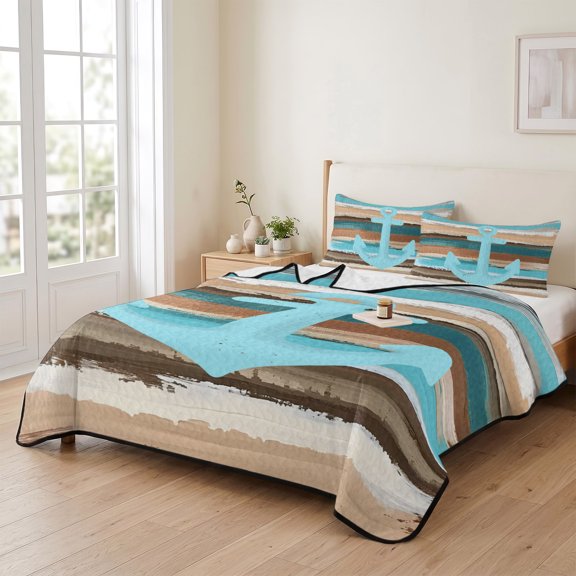 king Quilt Bedding Set, Nautical Anchor Blue Ocean Style Lightweight Coverlet Summer Comforter Set Soft Microfiber Bedspread, Gradient Stripe Watercolor 3 Piece Quilt Set with 2 Pillow Shams