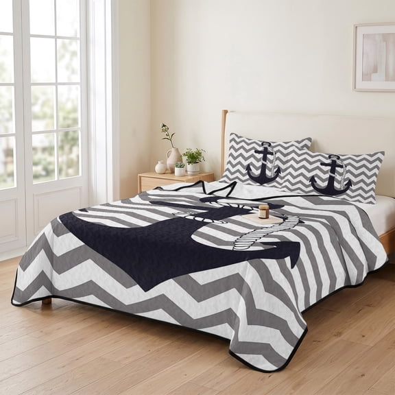 king Quilt Bedding Set, Nautical Anchor Dark Blue Lightweight Coverlet Summer Comforter Set Soft Microfiber Bedspread, Grey Zigzag Chevron 3 Piece Quilt Set with 2 Pillow Shams All Seasons Use
