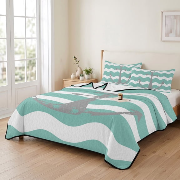 king Quilt Bedding Set, Nautical Anchor Teal Zigzag Ripple Chevron Lightweight Coverlet Summer Comforter Set Bedspread, Grey Anchors Summer Ocean Theme 3 Piece Quilt Set with 2 Pillow Shams