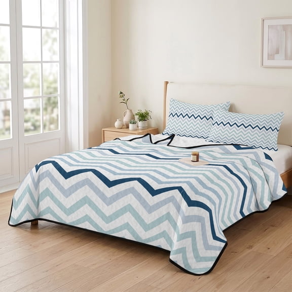 king Quilt Bedding Set, Nautical Blue Herringbone Lightweight Coverlet Summer Comforter Set Soft Microfiber Bedspread, Abstract Geometric Wavy Lines 3 Piece Quilt Set with 2 Pillow Shams