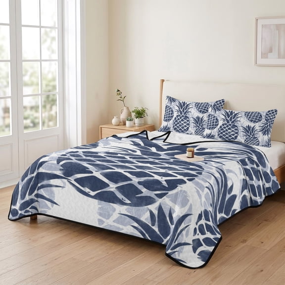 king Quilt Bedding Set, Nautical Navy Blue Pineapple Leaves Lightweight Coverlet Summer Comforter Set Soft Microfiber Bedspread, Abstract Summer Fruit 3 Piece Quilt Set with 2 Pillow Shams