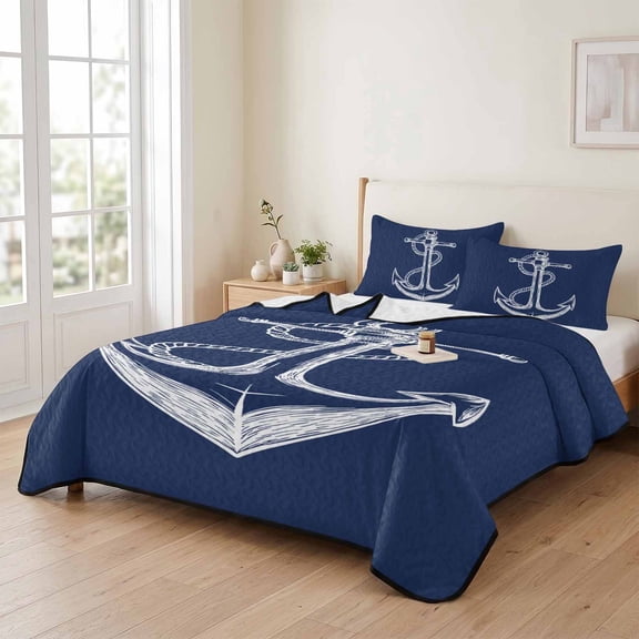 king Quilt Bedding Set, Nautical Sailing Anchor String Sketch Lightweight Coverlet Summer Comforter Set Soft Microfiber Bedspread, Marine Navy Blue White 3 Piece Quilt Set with 2 Pillow Shams