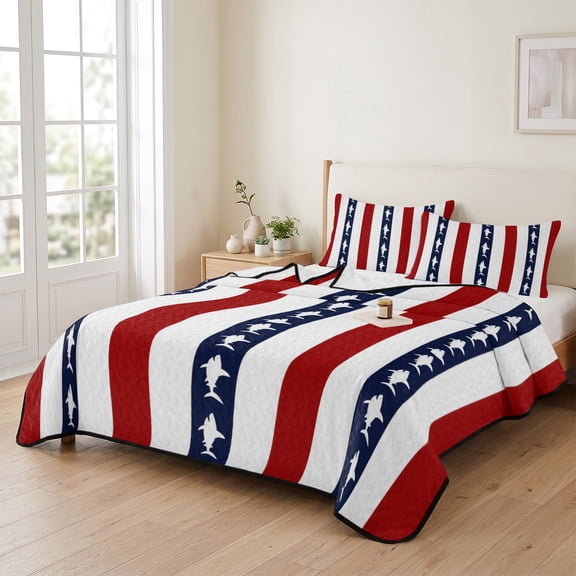 king Quilt Bedding Set, Nautical Shark Red White Striped Lightweight Coverlet Summer Comforter Set Soft Microfiber Bedspread, Modern Abstract Art 3 Piece Quilt Set with 2 Pillow Shams All Seasons Use