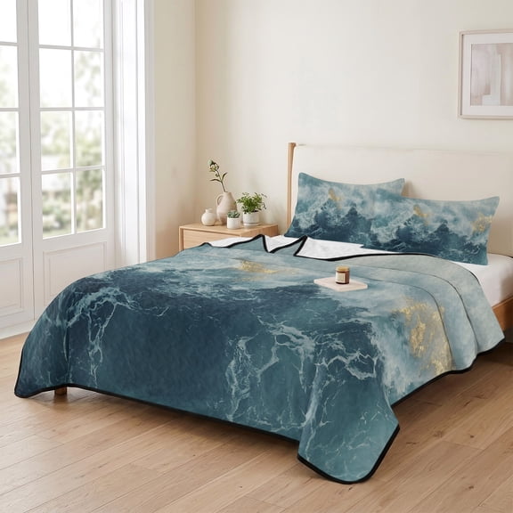 king Quilt Bedding Set, Navy Blue Light Ocean Waves Lightweight Coverlet Summer Comforter Set Soft Microfiber Bedspread, Abstract Turquoise Layers 3 Piece Quilt Set with 2 Pillow Shams