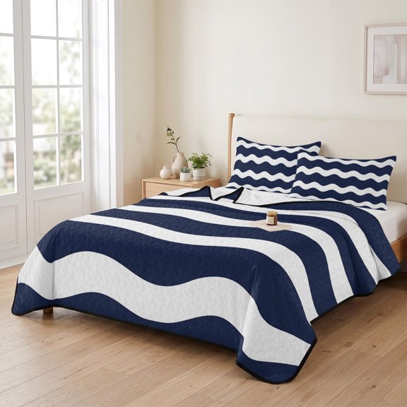 king Quilt Bedding Set, Navy Blue White Waves Ripple Lightweight Coverlet Summer Comforter Set Soft Microfiber Bedspread, Zigzag Abstract Geometric Art 3 Piece Quilt Set with 2 Pillow Shams